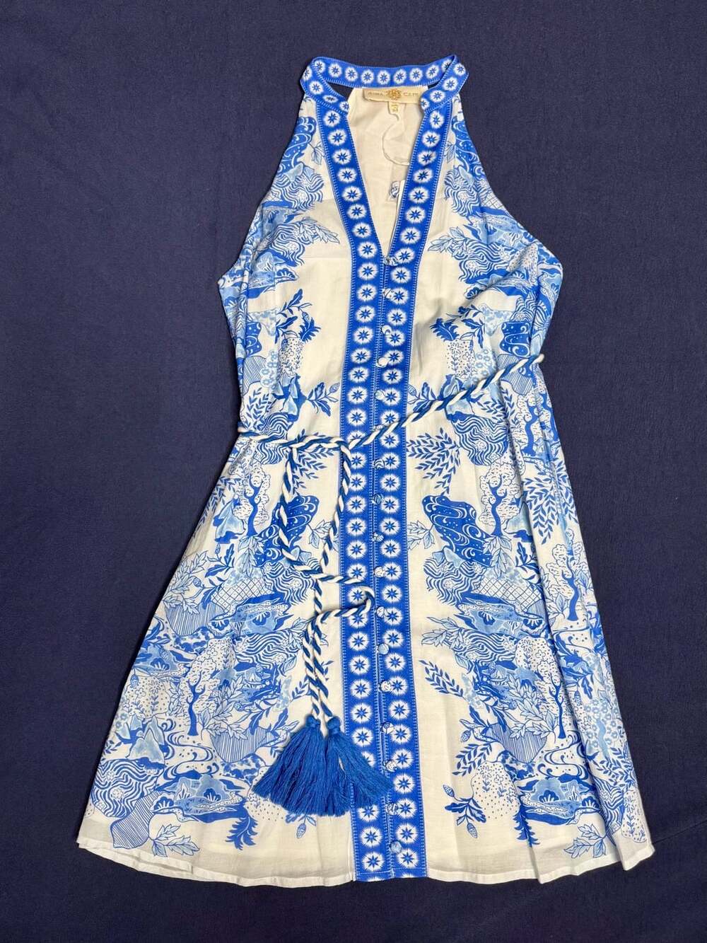 Anna Cate Blue White Halter Mini Dress Tassel Belt Extra Small NWT